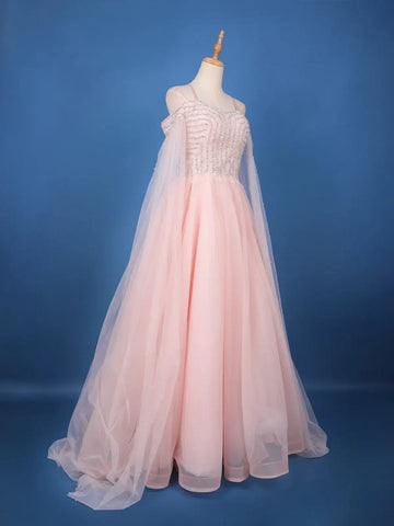 Light Pink Stone and Sequin Embellished Net Gown - Diadem