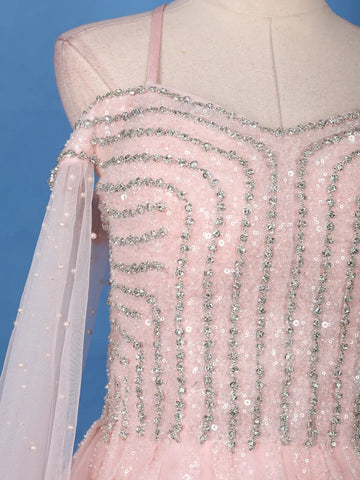 Light Pink Stone and Sequin Embellished Net Gown - Diadem