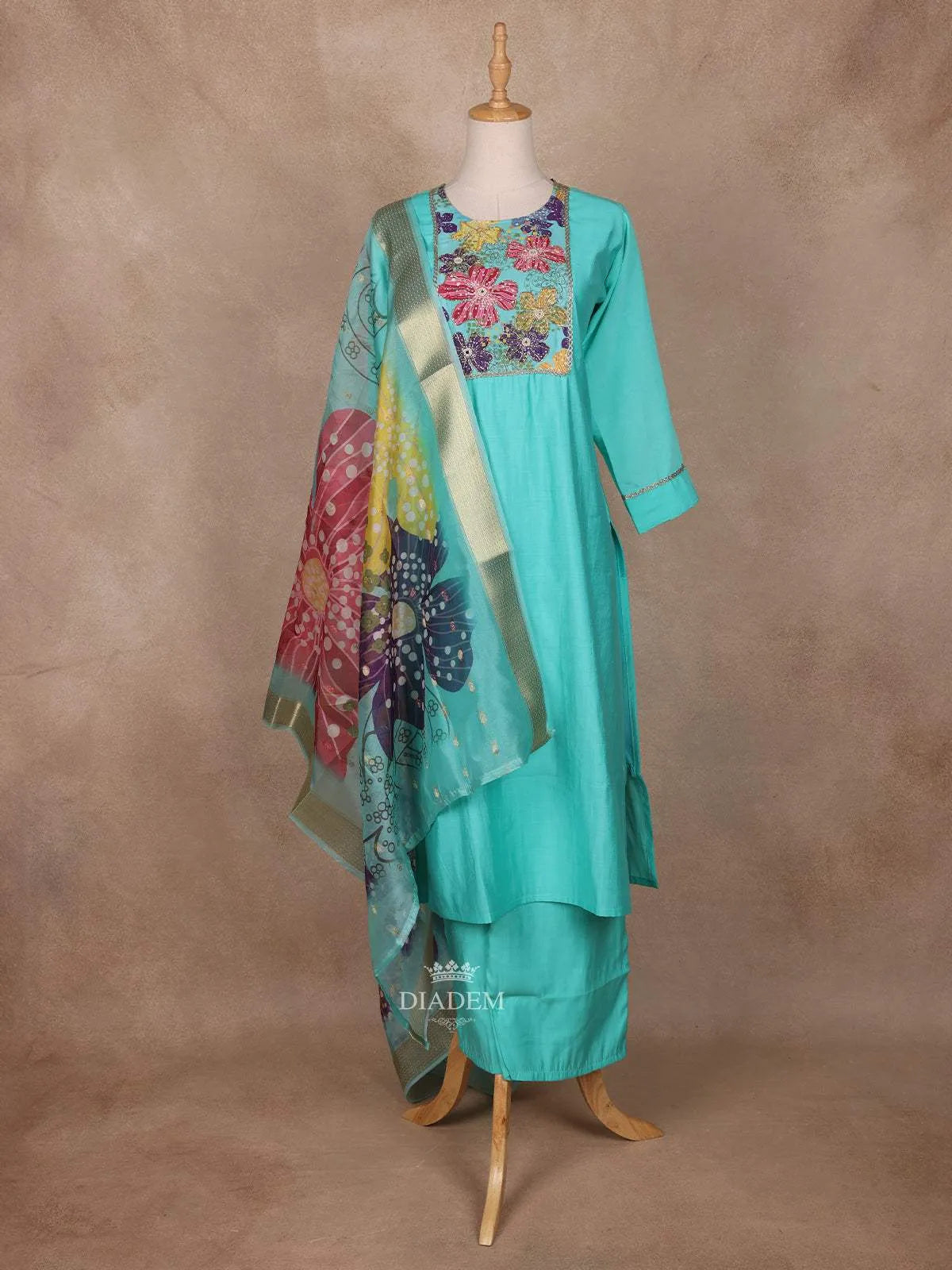Aqua Blue Semi Silk Salwar Suit with Embroidery - Diadem