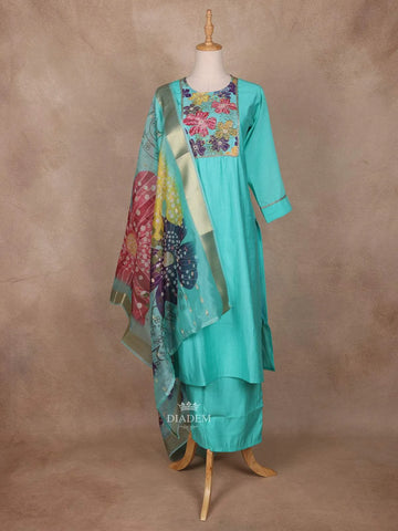 Aqua Blue Semi Silk Salwar Suit with Embroidery - Diadem