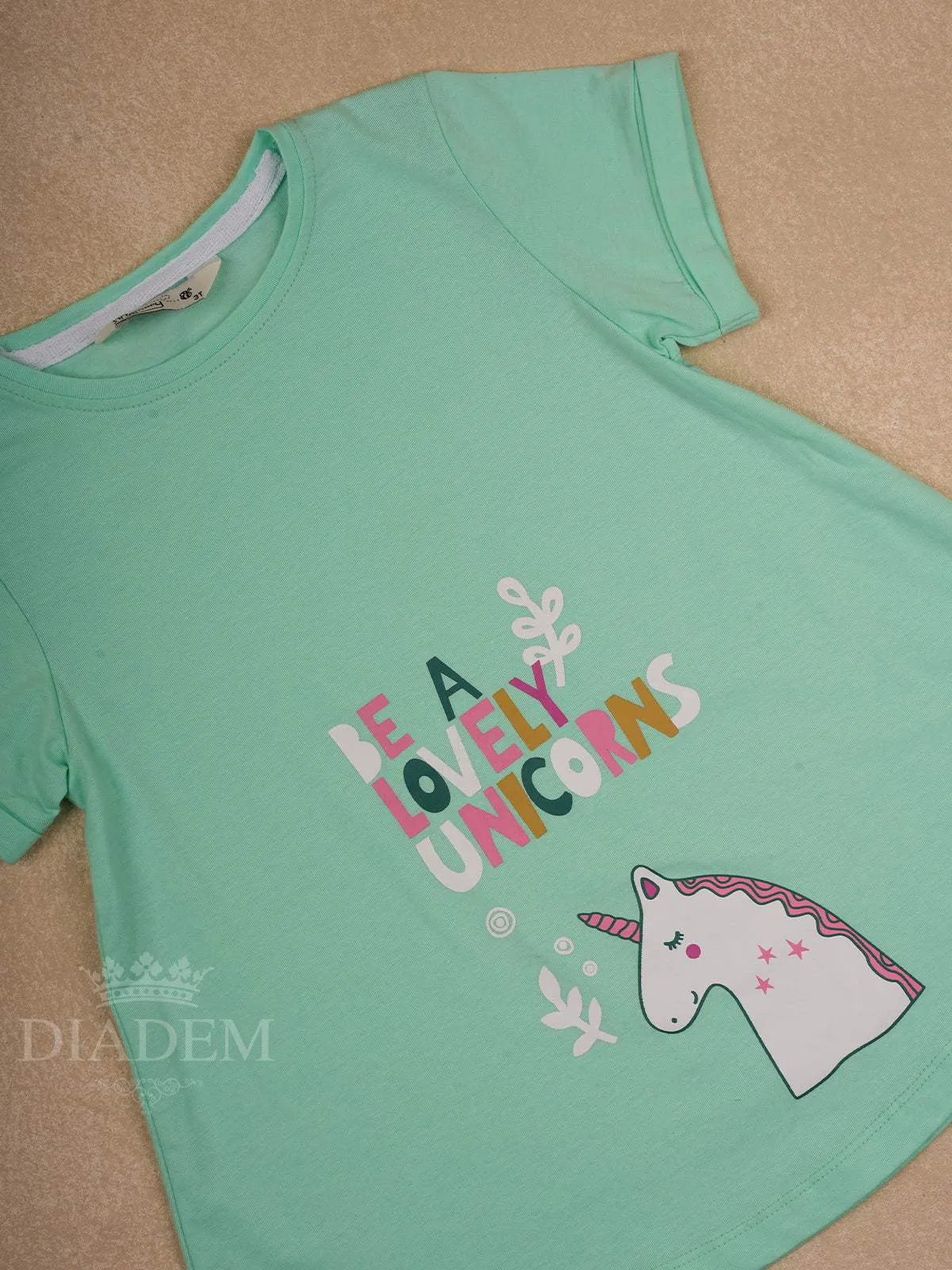 Aqua Green Cotton Half Sleeve T-Shirt with Unicorn Designs for Girls - Diadem
