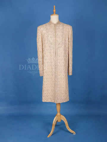 Beige Raw Silk Floral Designed Sherwani Suit - Diadem
