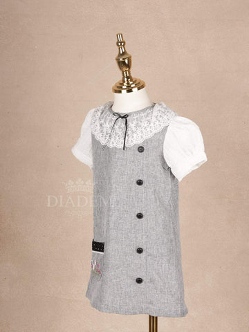 Grey Cotton Frock Adorned with Black Buttons and Peter Pan Collar for Girls - Diadem