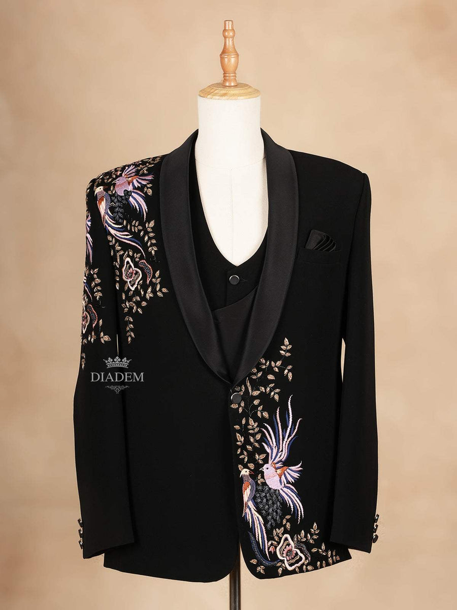 Black Coat Suit Set with Floral and Bird Embroidery