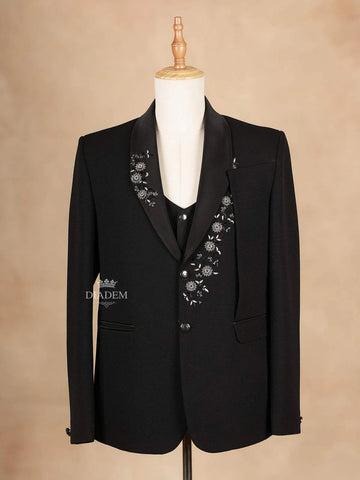 Black Coat Suit Set with Floral Embroidery and Tie Set - Diadem