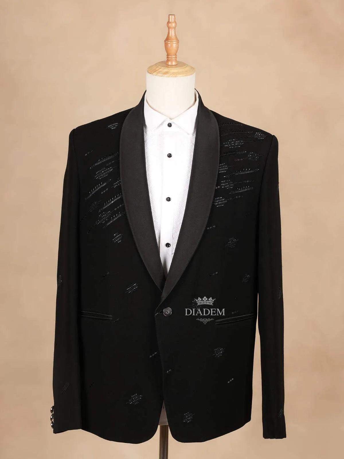 Black Coat Suit Set with Embroidery Designs and Stitched Pants - Diadem