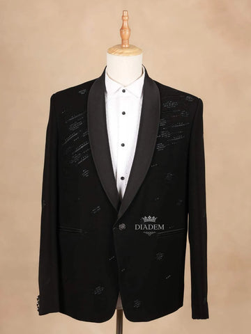 Black Coat Suit Set with Embroidery Designs and Stitched Pants - Diadem