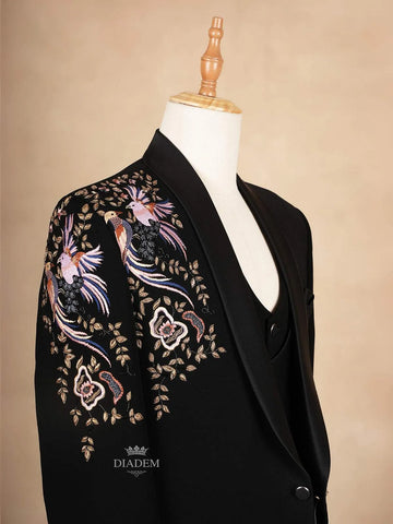 Black Coat Suit Set with Floral and Bird Embroidery - Diadem