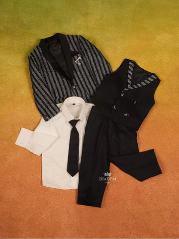 Black Kids Coat Suit Adorned with Glitters and Stripes Design with Tie - Diadem
