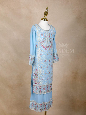Sky Blue Floral Embroidered Palazzo Salwar Suit for Girls - Diadem