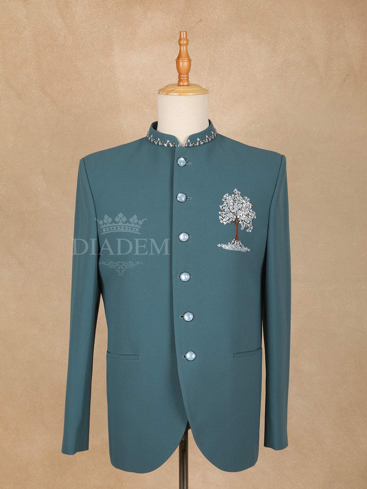 Teal Blue Floral Jodhpuri Men's Suit - Diadem