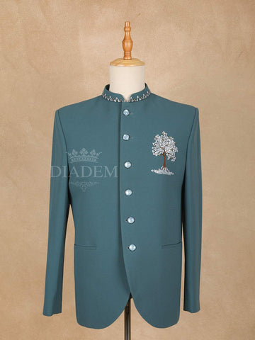 Teal Blue Floral Jodhpuri Men's Suit - Diadem