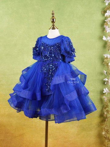 Royal Blue Net Layered Gown Adorned With 3D Flowers and Sequins - Diadem