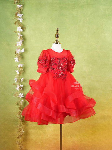 Bright Red Net Layered Gown Adorned With 3D Flowers And Sequins - Diadem