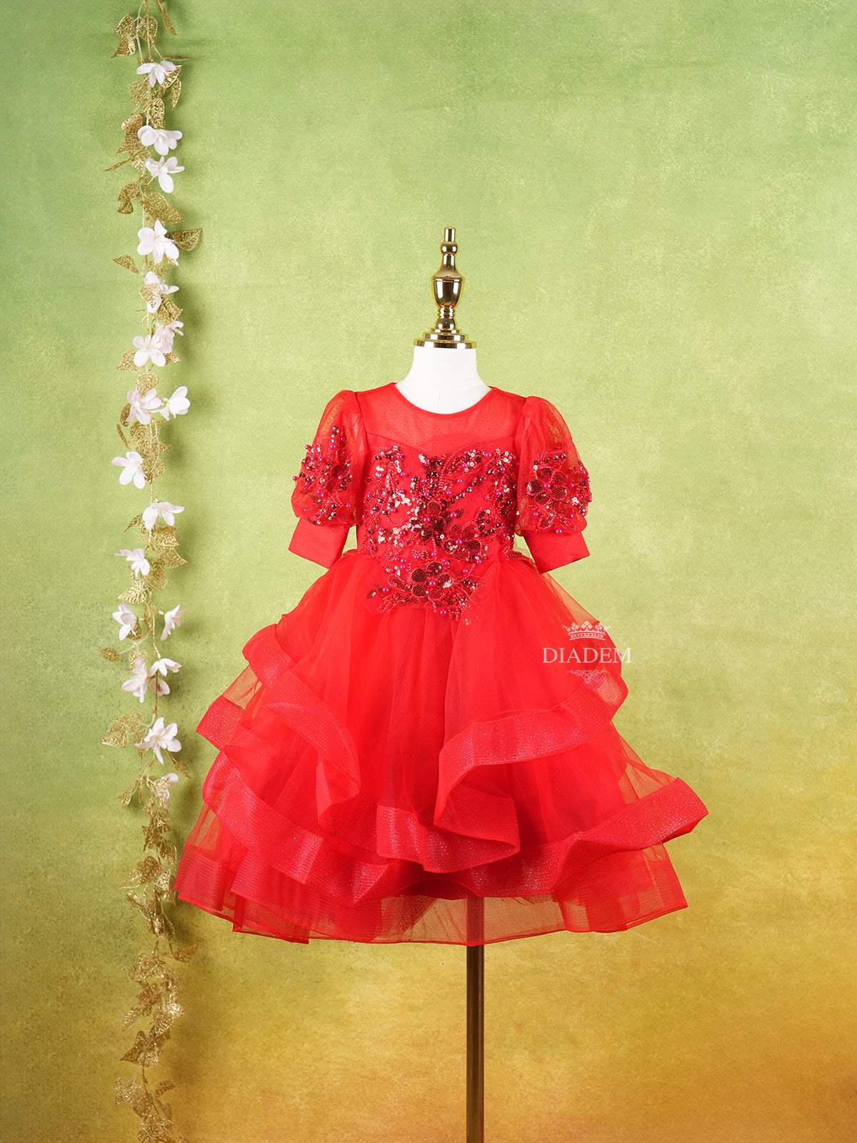 Bright Red Net Layered Gown Adorned With 3D Flowers And Sequins - Diadem