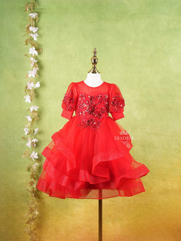 Bright Red Net Layered Gown Adorned With 3D Flowers And Sequins - Diadem