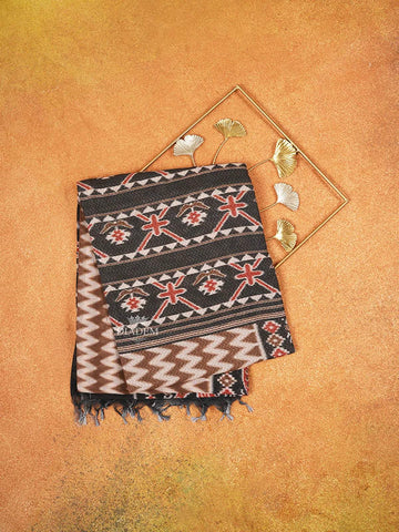 Brown Cotton Saree with Chevron Designs on the Body with Contrast Border - Diadem