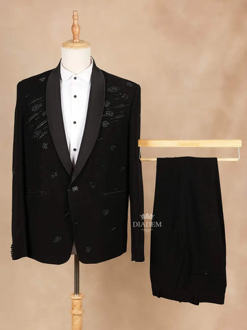 Black Coat Suit Set with Embroidery Designs and Stitched Pants - Diadem