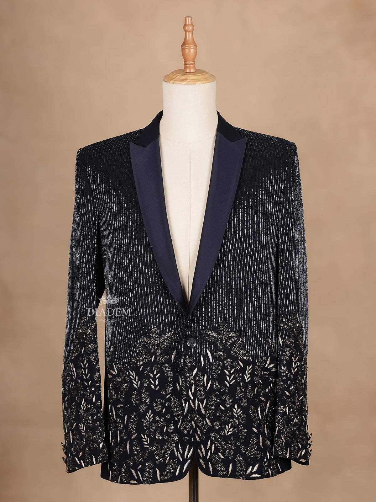 Dark Blue Coat Suit Set with Floral Embroidery - Diadem