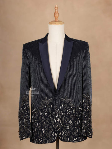 Dark Blue Coat Suit Set with Floral Embroidery - Diadem