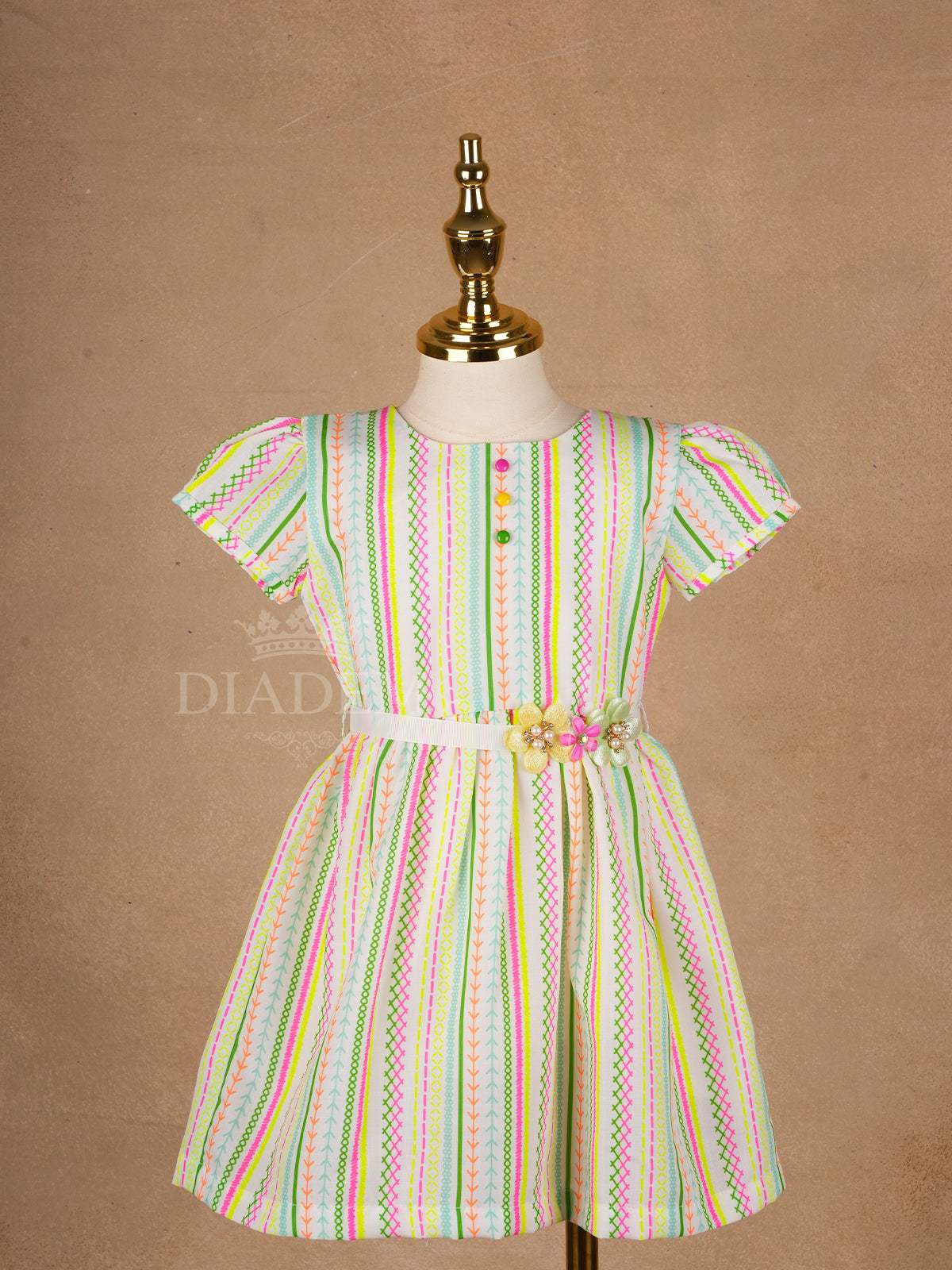 White Cotton Frock Adorned with Colorful Geometric Patterns for Girls - Diadem
