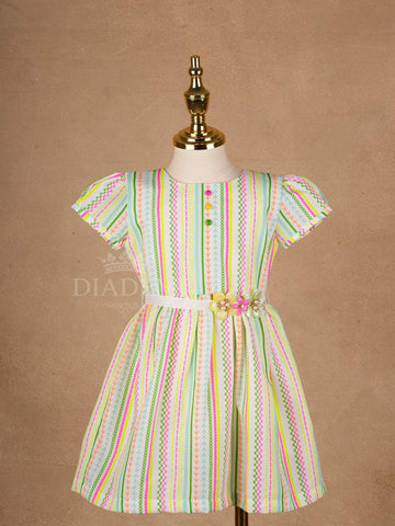 White Cotton Frock Adorned with Colorful Geometric Patterns for Girls - Diadem