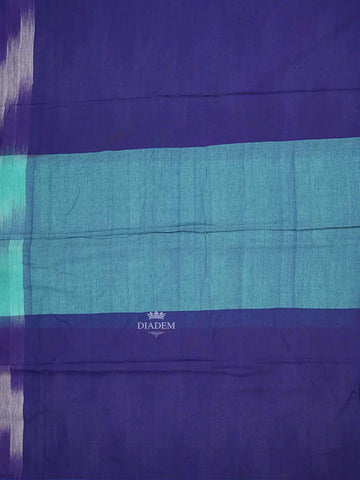 Turquoise Blue Cotton Saree with Geometric Ikat Designs on the Body with Contrast Border - Diadem
