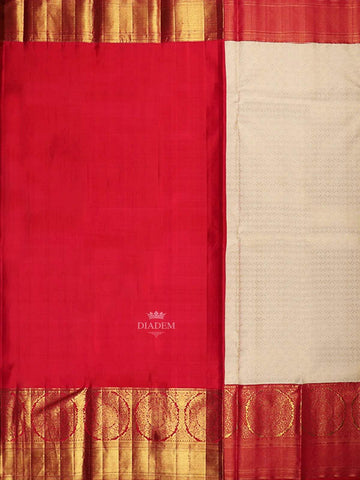 Cream Pure Kanchipuram Silk Saree with Geometric Design on the Body with Contrast Broad and Small Zari Border - Diadem