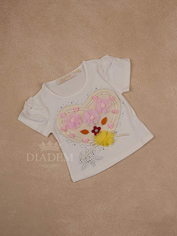 White Cotton Half Sleeve T-Shirt with 3D Floral and Heart Patch Designs for Girls - Diadem