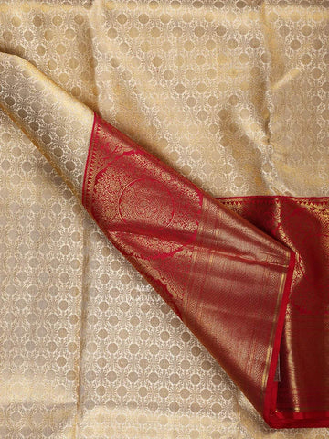 Cream Pure Kanchipuram Silk Saree with Geometric Design on the Body with Contrast Broad and Small Zari Border - Diadem