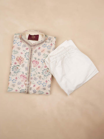 Cream Kurta Set With Floral Designs and Embroidery With Pant - Diadem