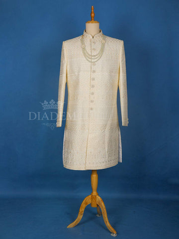 Cream Semi Silk Floral Designed Sherwani Suit - Diadem