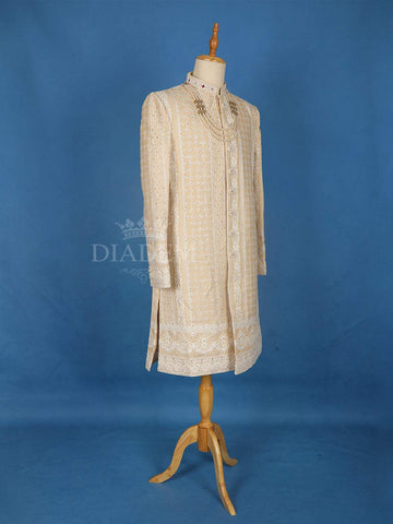 Cream Floral Designed Sherwani Suit - Diadem