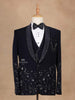 Dark Blue Coat Suit Set with Floral Embroidery Designs and Bow - Diadem