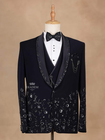 Dark Blue Coat Suit Set with Floral Embroidery Designs and Bow - Diadem