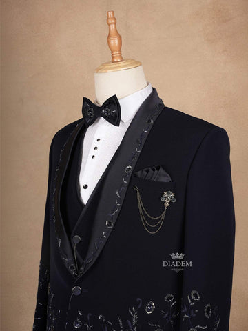 Dark Blue Coat Suit Set with Floral Embroidery Designs and Bow - Diadem