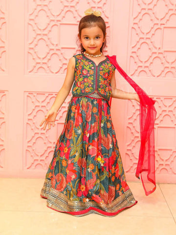 Dark Green Floral Printed Lehenga - Diadem