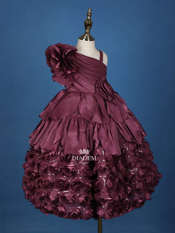 Dark Mauve 3D Floral Designed Organza Party Wear Gown for Girls - Diadem