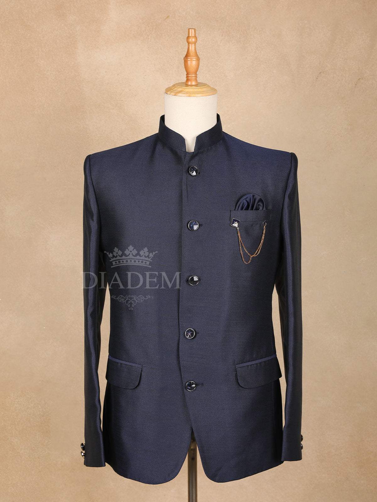 Dark Navy Blue Solid Jodhpuri Men's Suit - Diadem