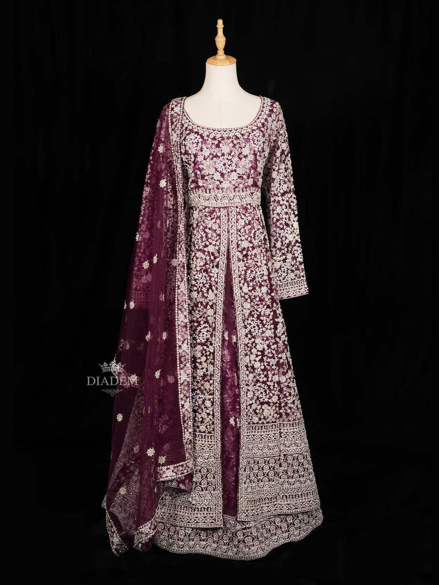 Dark Purple Floral Embroidery Designed Bridal Reception Gown