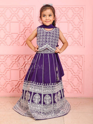 Dark Purple Floral Embroidery Lehenga - Diadem