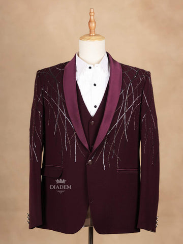 Dark Red Coat Suit Set with Embroidery Designs - Diadem
