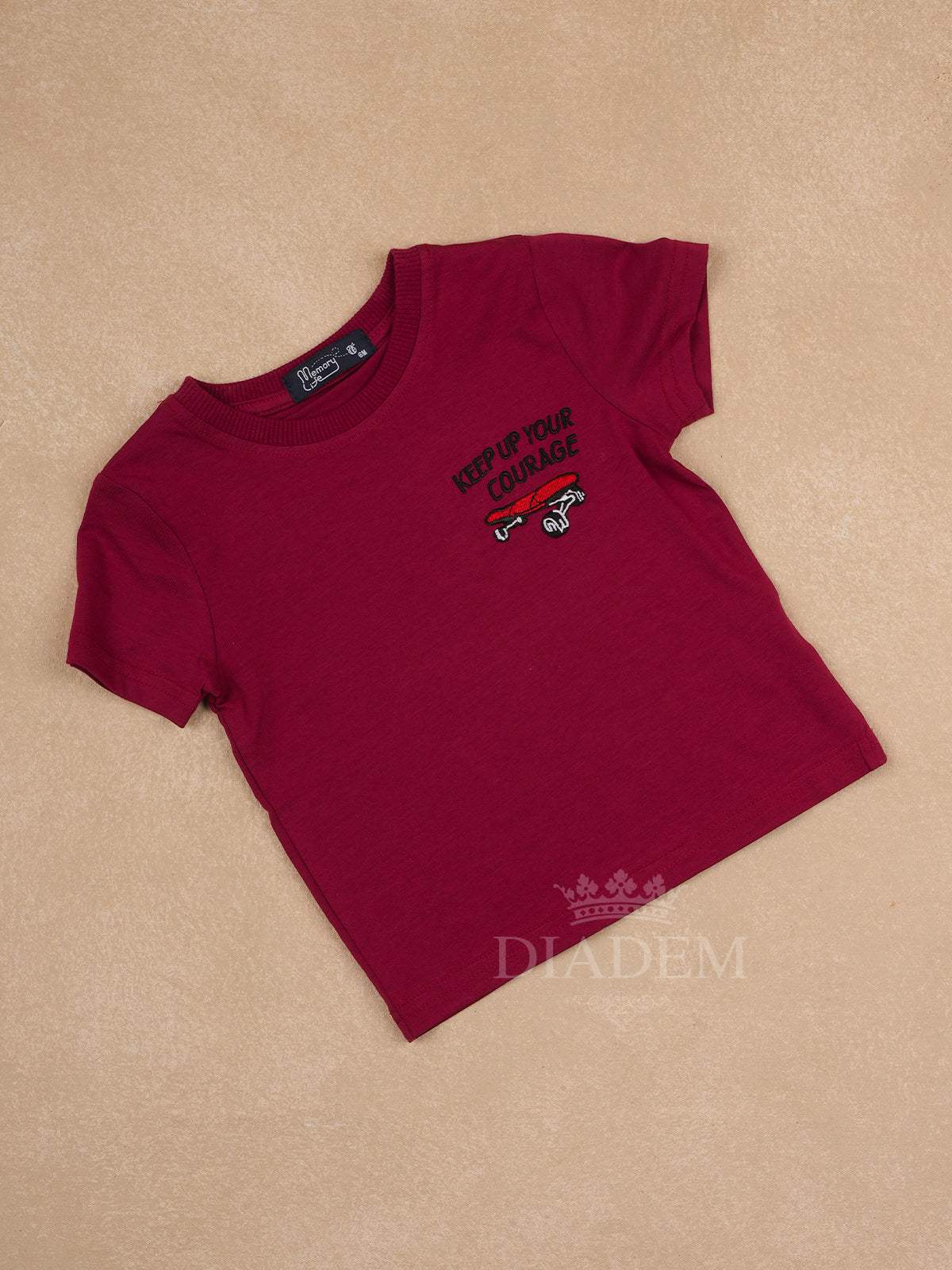 Dark Red Cotton Half Sleeve T-Shirt With Embroidery Designs for Boys - Diadem