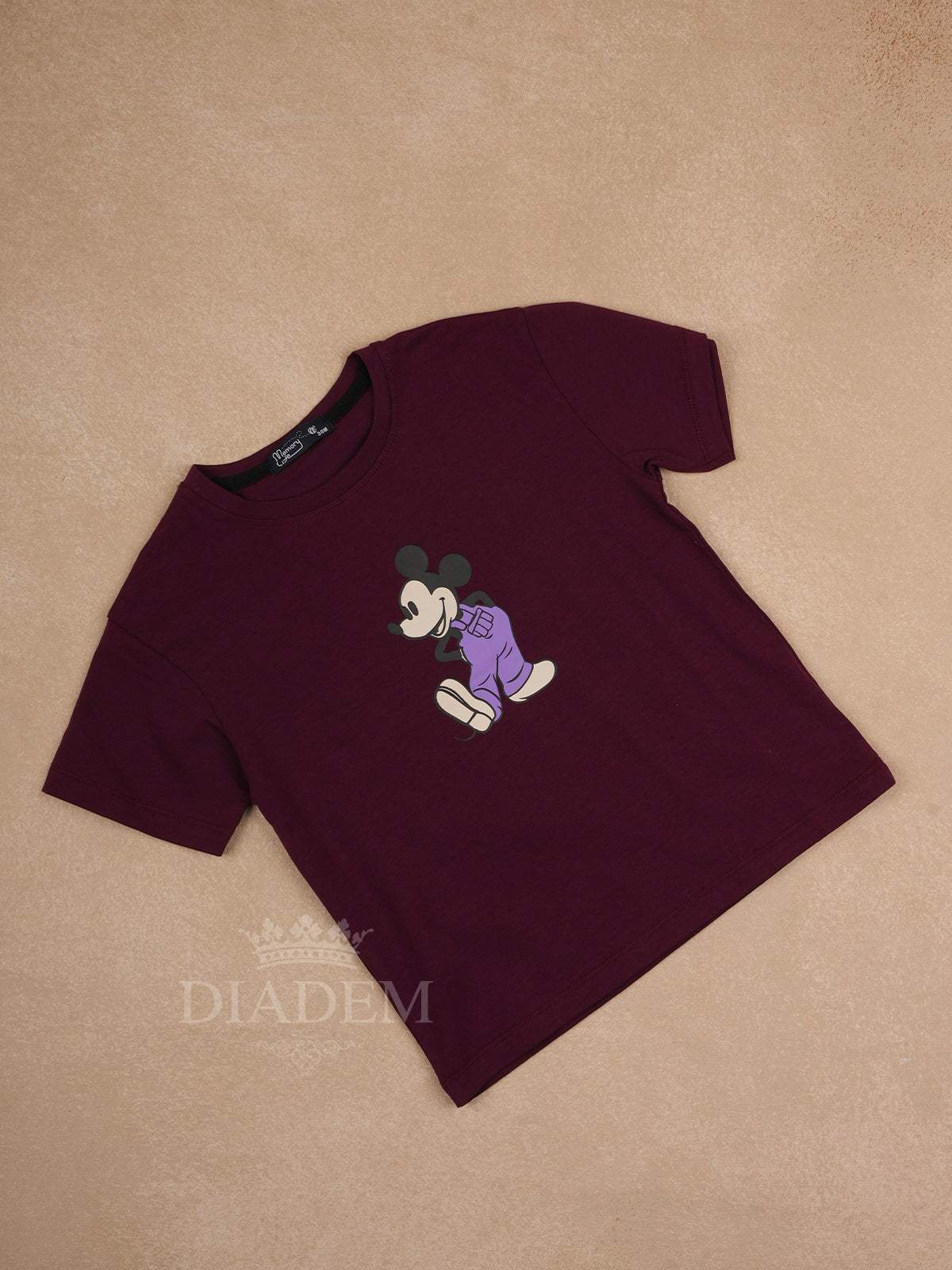 Dark Red Cotton Half Sleeve T-Shirt With Mickey Mouse Print for Boys