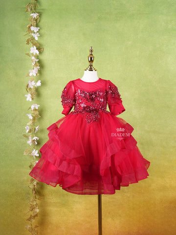 Dark Red Net Layered Gown Adorned With 3D Flowers and Sequins and Puff Sleeves - Diadem