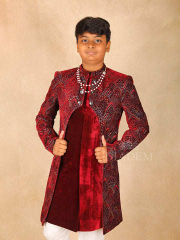 Dark Red Embroidered Sherwani and Pant Set - Diadem