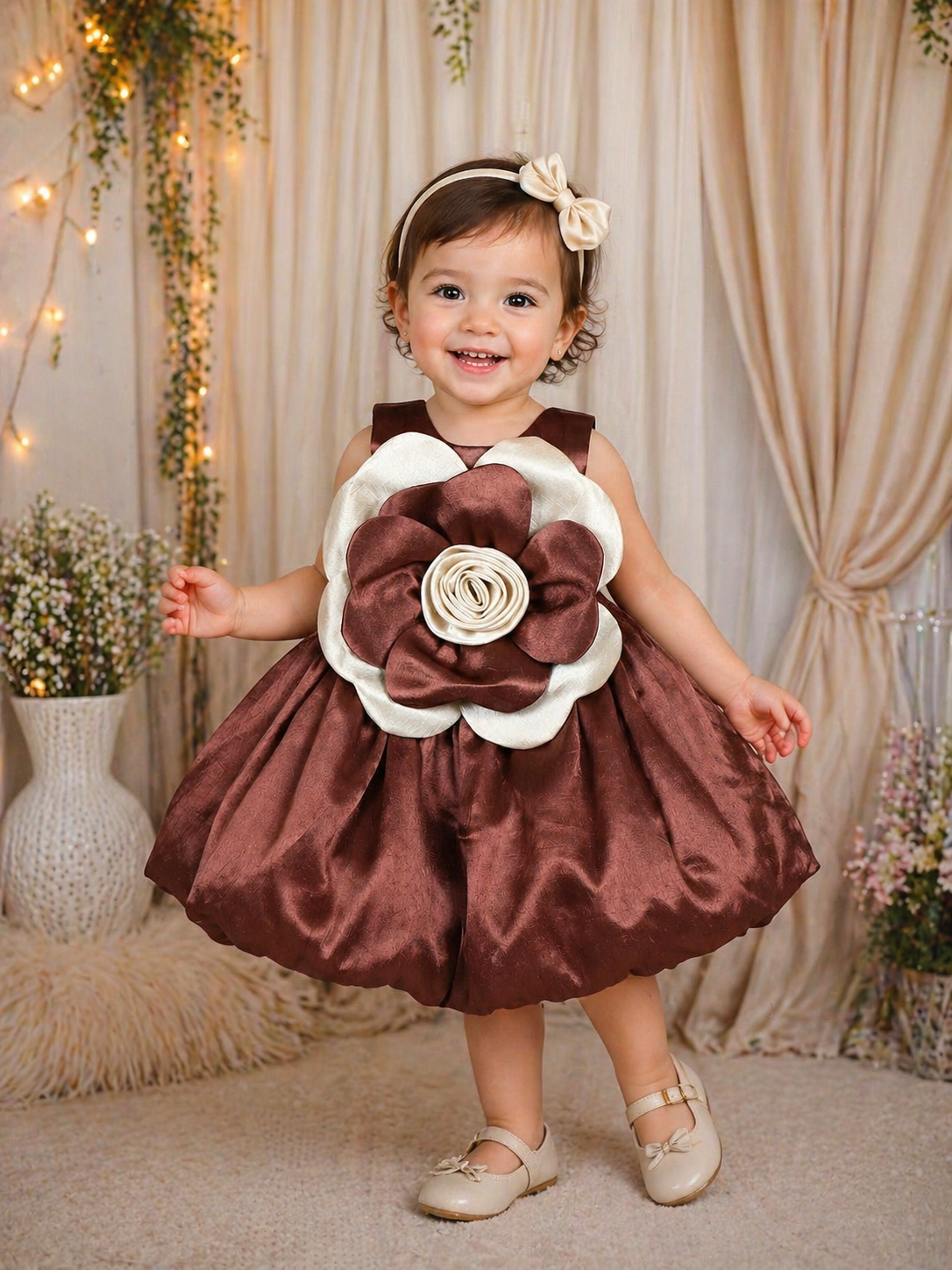Chocolate Brown 3D Floral Appliqu Design Textured Kids Party Wear Frock | Diadem Chocolate Brown 3D Floral Appliqu Design Textured Kids Party Wear Frock | Diadem