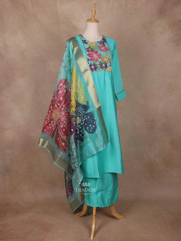 Aqua Blue Semi Silk Salwar Suit with Embroidery - Diadem