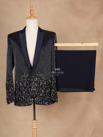 Dark Blue Coat Suit Set with Floral Embroidery - Diadem