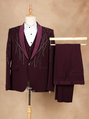 Dark Red Coat Suit Set with Embroidery Designs - Diadem